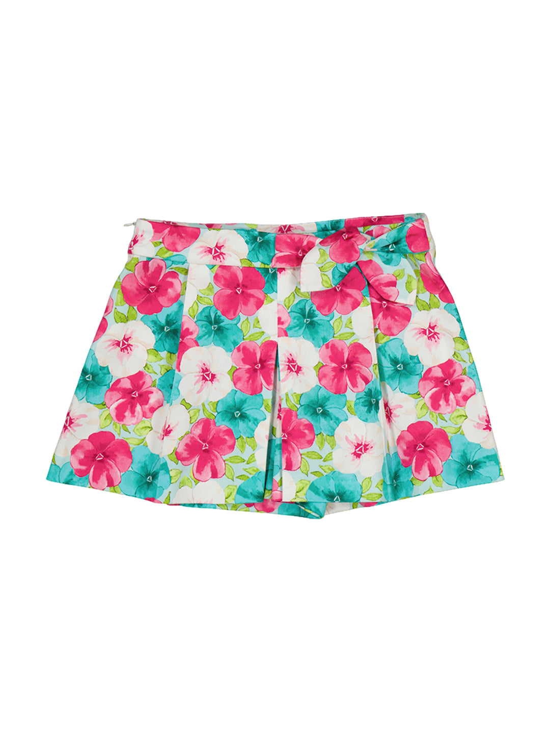 Short falda para niña con estampado floral en tonos fucsia, turquesa y blanco.