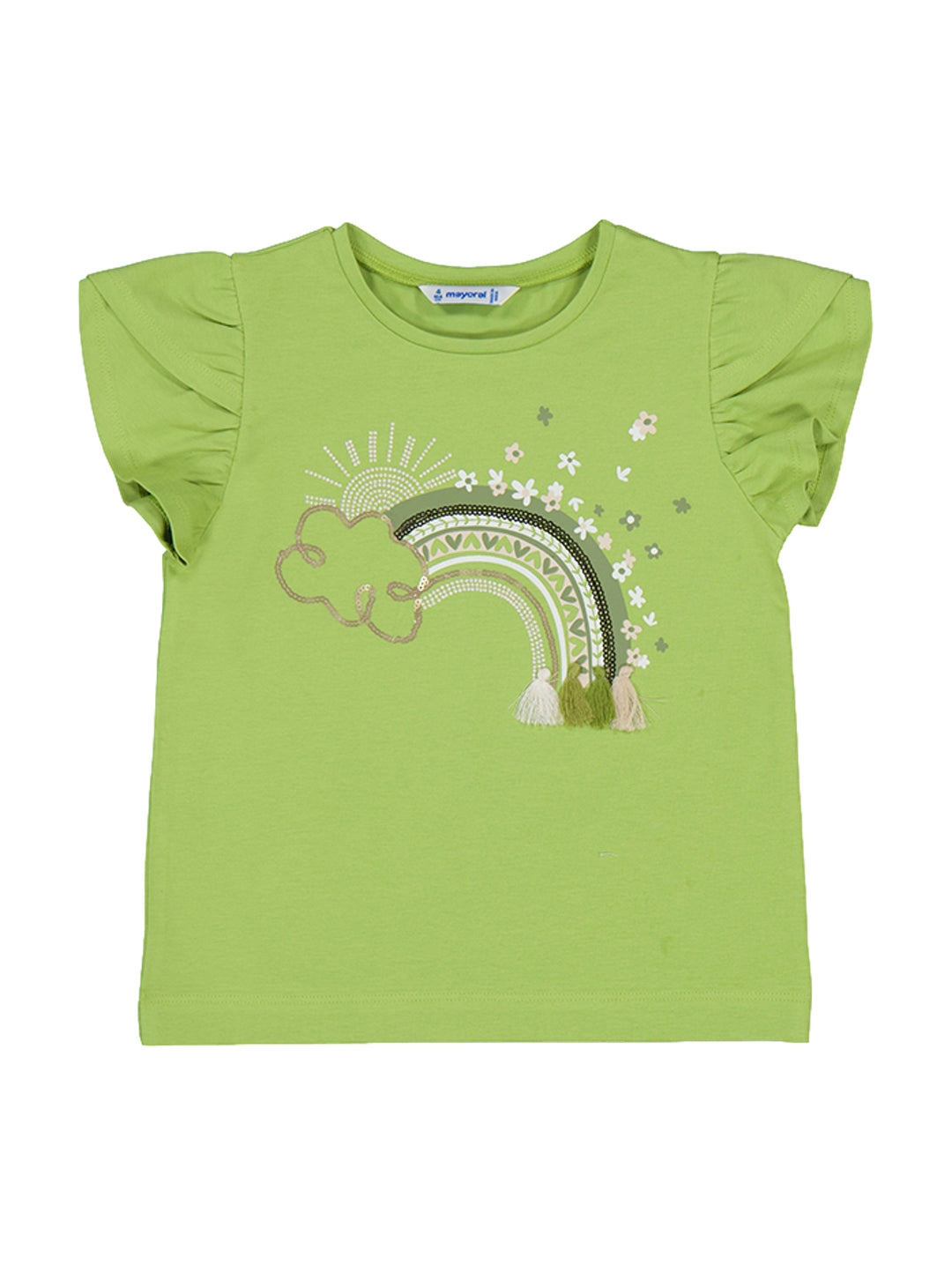 Playera color verde manzana para niña con diseño de arcoíris bordado y mangas con volantes.