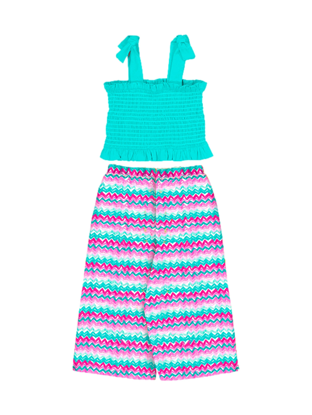 Conjunto para niña con top color jade y pantalón con estampado zigzag en colores jade, rosa y blanco.