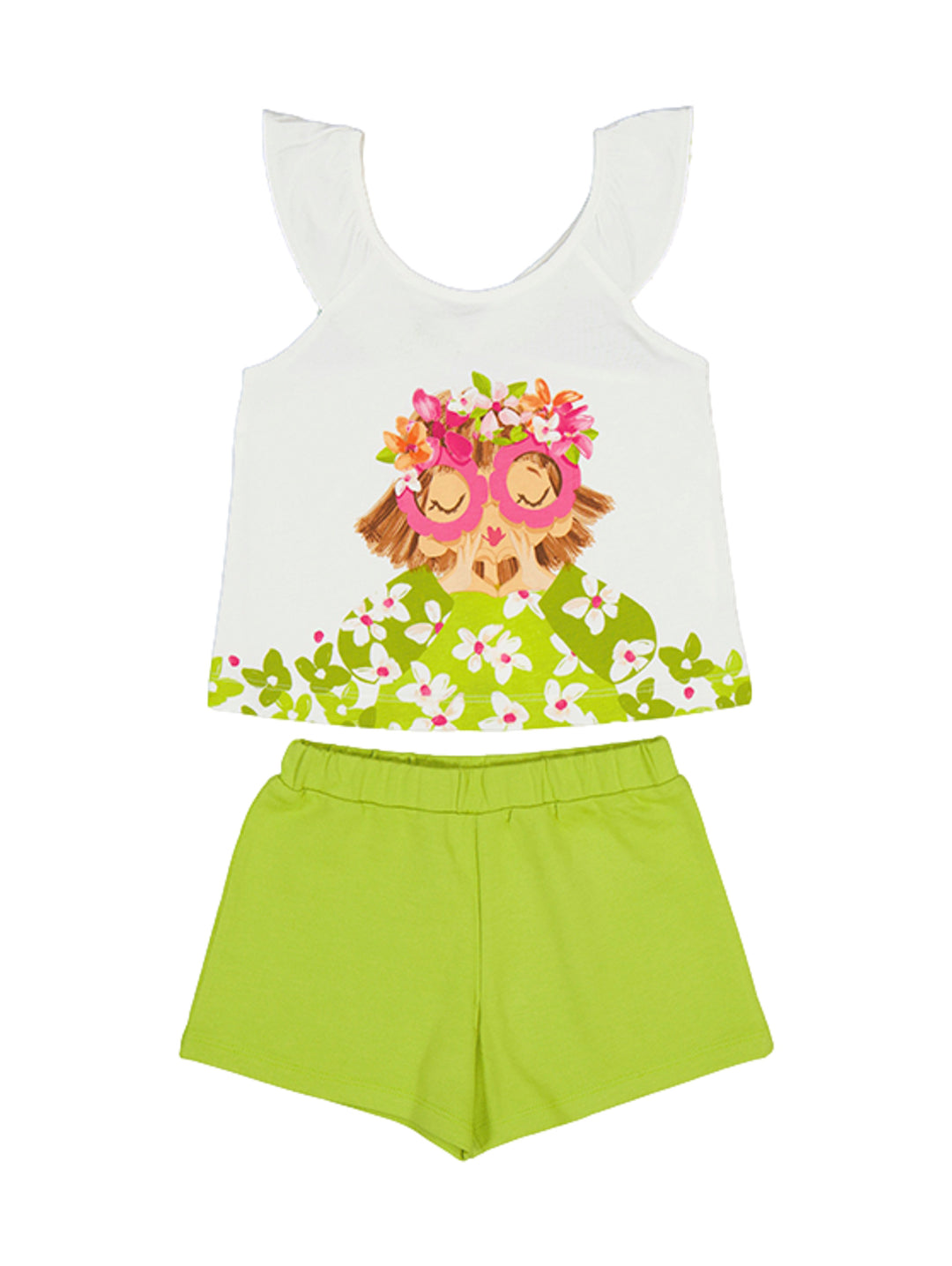 Conjunto de ropa para niña Mayoral con camiseta blanca estampada y shorts color verde kiwi.