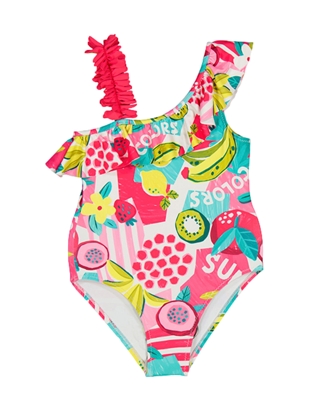 Bañador de una pieza para niña en color fucsia con estampado multicolor de frutas y detalles de volantes.