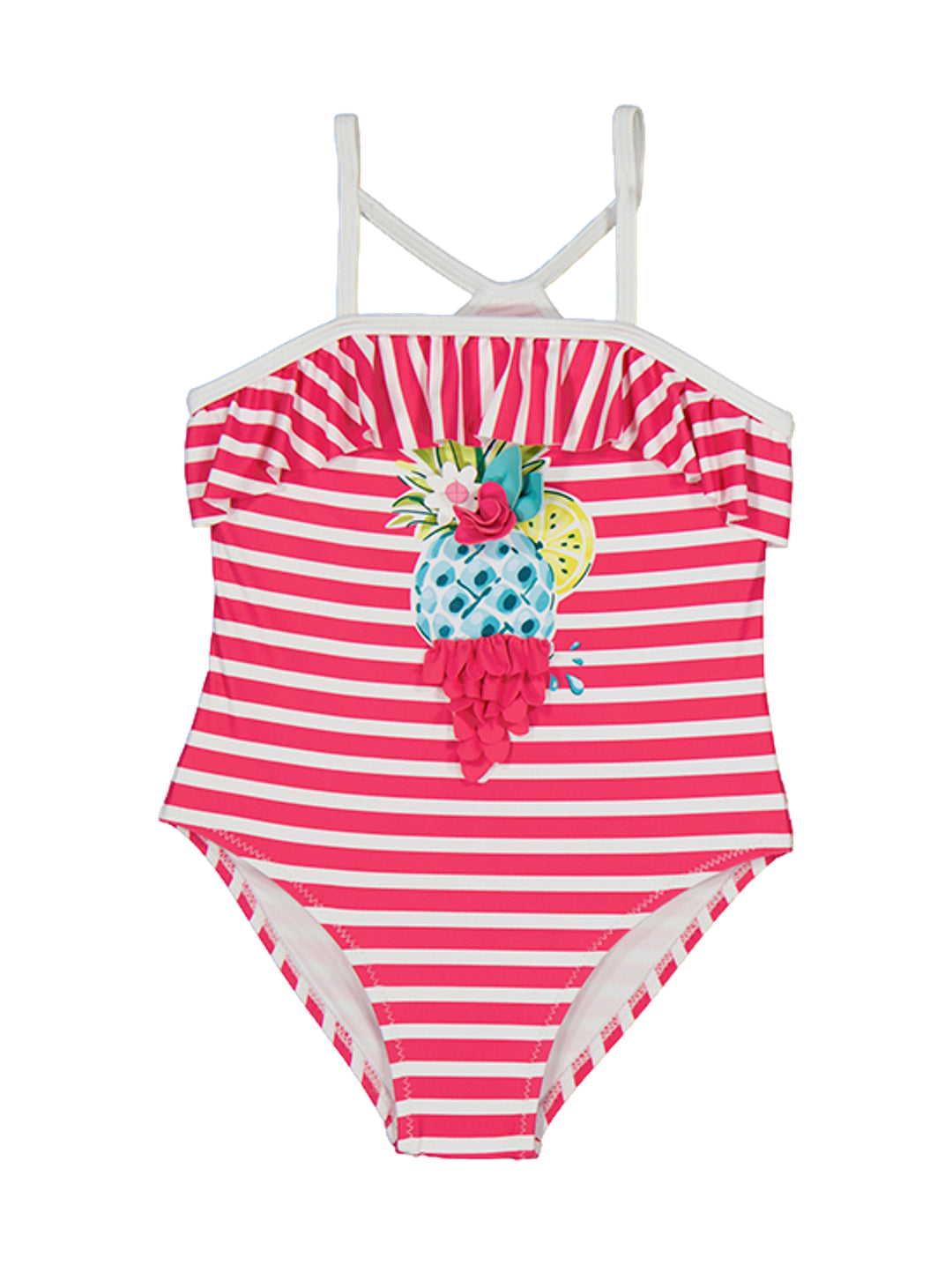 Traje de baño enterizo para niña a rayas fucsia y blanco con volantes y detalle decorativo frontal.