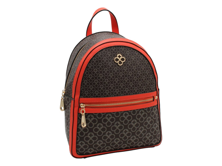 Mochila Jaime Ibiza color chocolate negro con estampado y detalles en rojo y herrajes dorados.