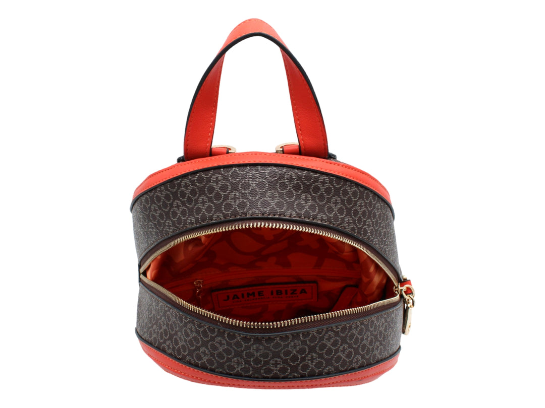 Mochila Jaime Ibiza color chocolate negro con estampado y detalles en rojo y herrajes dorados.