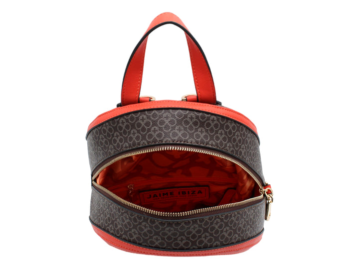 Mochila Jaime Ibiza color chocolate negro con estampado y detalles en rojo y herrajes dorados.
