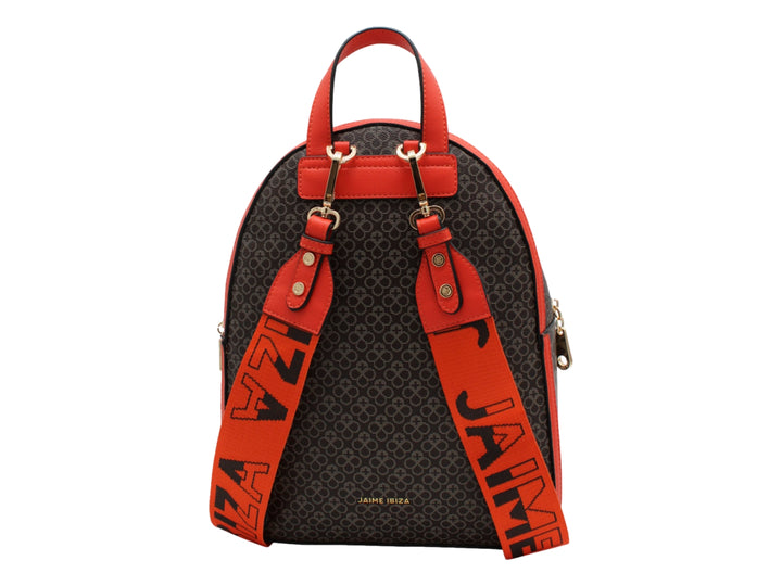 Mochila Jaime Ibiza color chocolate negro con estampado y detalles en rojo y herrajes dorados.