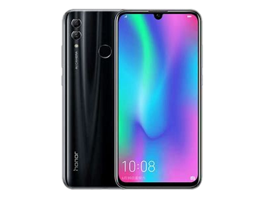 Smartphone HONOR 10 Lite en color negro, vista frontal y posterior sobre fondo blanco.