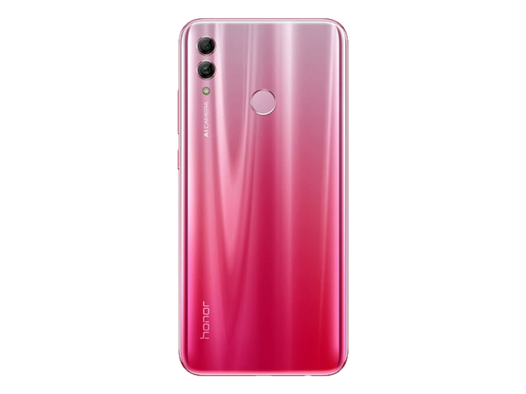 Vista trasera de un teléfono HONOR 10 Lite en color rojo con acabado brillante y degradado.