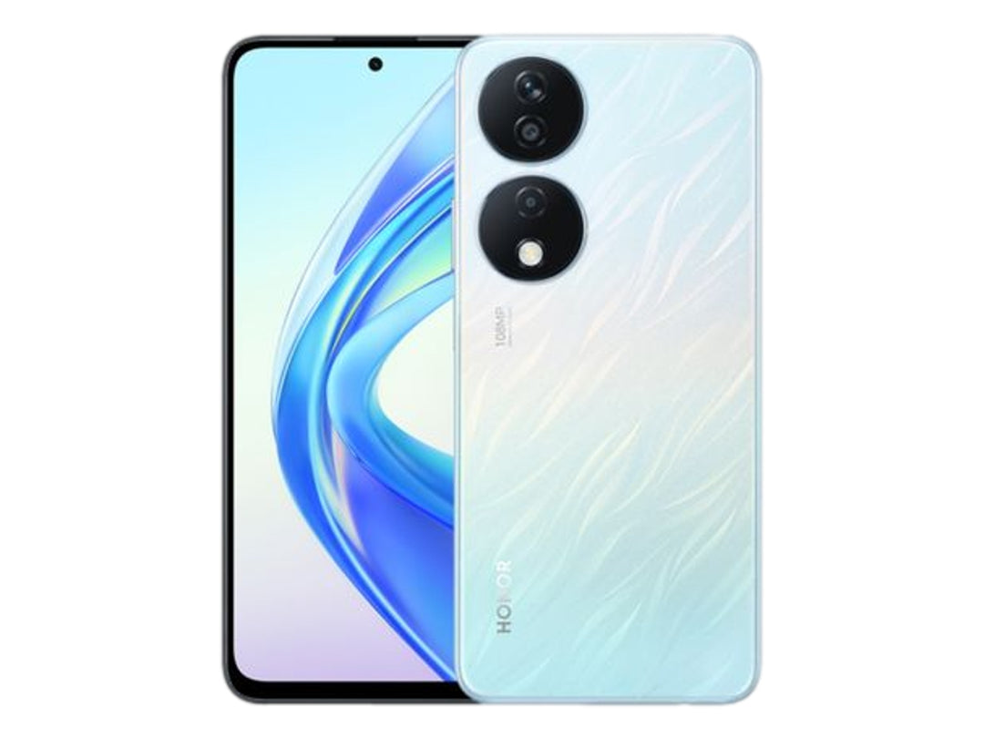 Teléfono inteligente HONOR X7B en color plata con acabado brillante y pantalla frontal completa.