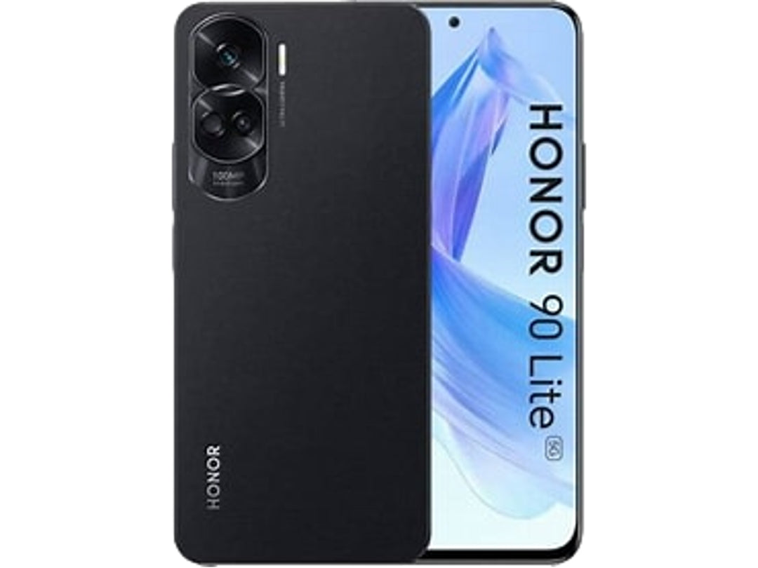 Teléfono inteligente HONOR 90 Lite en color negro, vista frontal y trasera sobre fondo blanco.