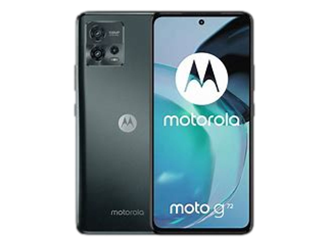 Smartphone Motorola Moto G72 color negro, vista frontal y posterior sobre fondo blanco.