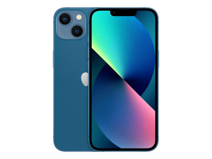iPhone 13 color azul, vista frontal con pantalla encendida y vista trasera.