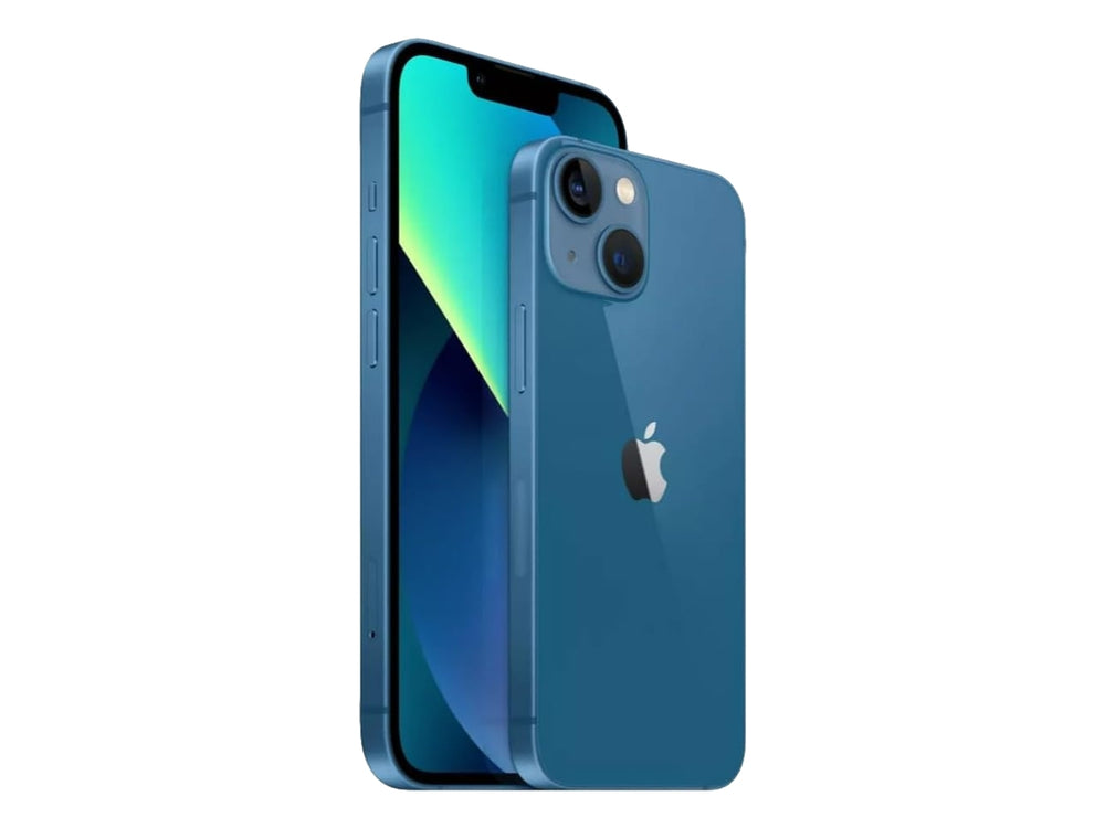 iPhone 13 color azul, vista frontal con pantalla encendida y vista trasera.