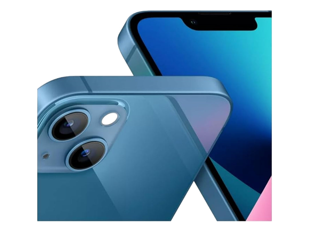iPhone 13 color azul, vista frontal con pantalla encendida y vista trasera.