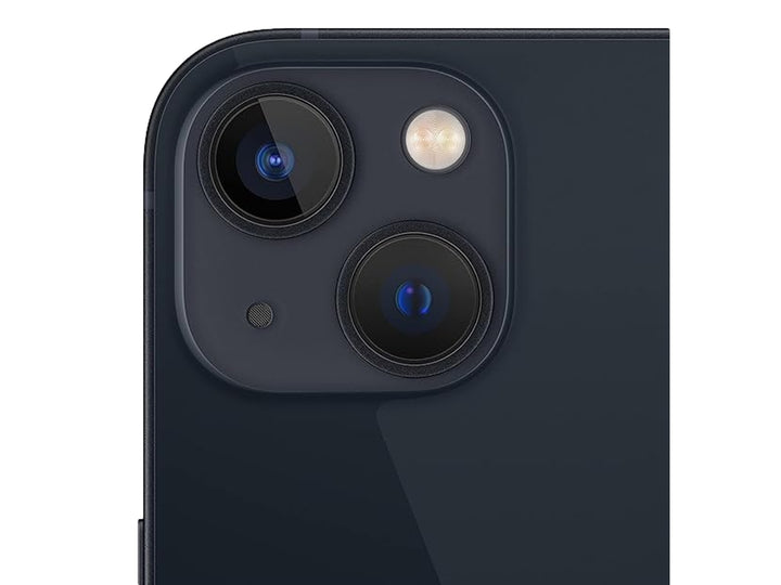 iPhone 13 color Midnight con vista frontal de la pantalla y vista trasera del módulo de cámaras.