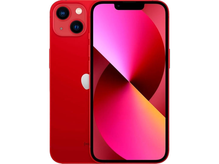 iPhone 13 de color rojo, vista frontal y posterior sobre fondo blanco.