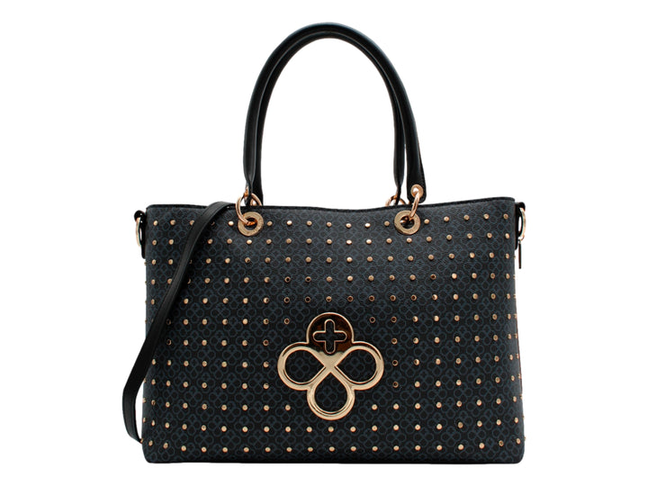 Bolso de hombro Jaime Ibiza color chocolate con estampado geométrico, detalles en dorado y asa superior.