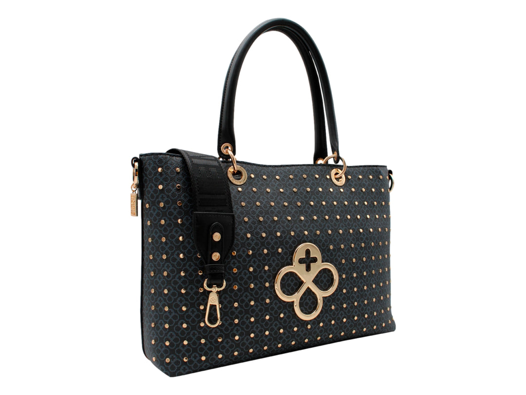 Bolso de hombro Jaime Ibiza color chocolate con estampado geométrico, detalles en dorado y asa superior.