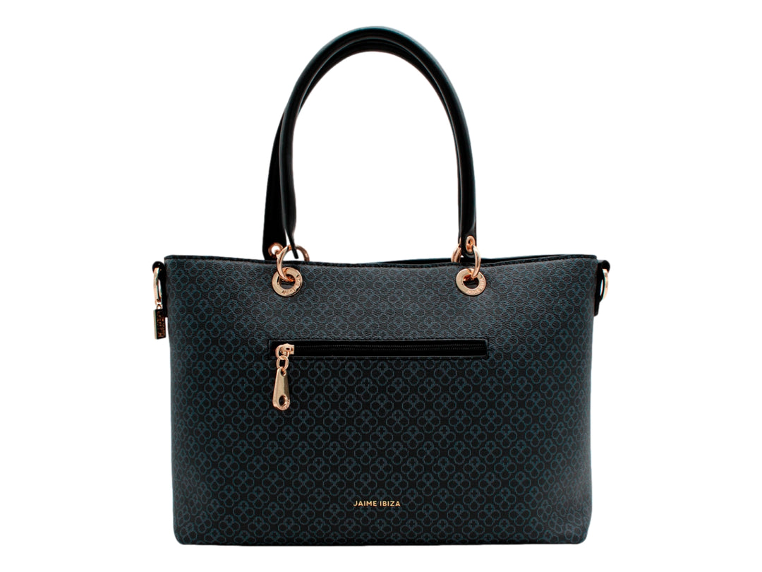 Bolso de hombro Jaime Ibiza color chocolate con estampado geométrico, detalles en dorado y asa superior.