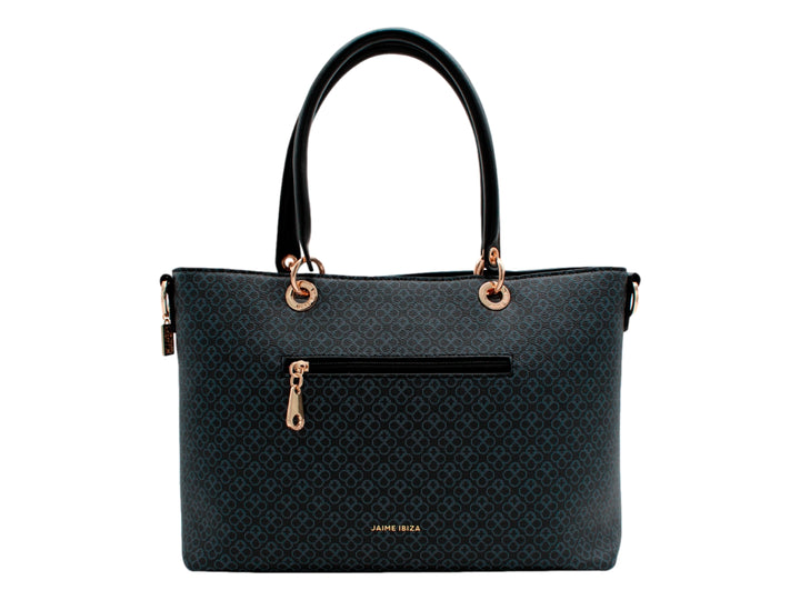 Bolso de hombro Jaime Ibiza color chocolate con estampado geométrico, detalles en dorado y asa superior.