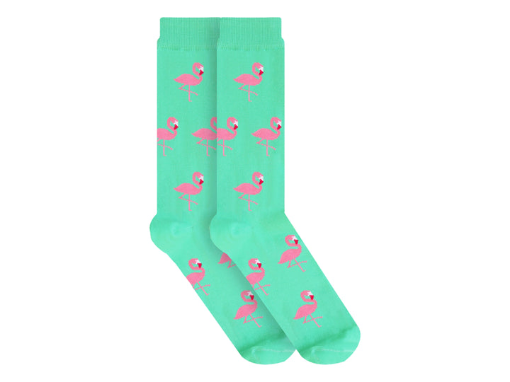 Par de calcetines color aqua con estampado de flamencos rosas.