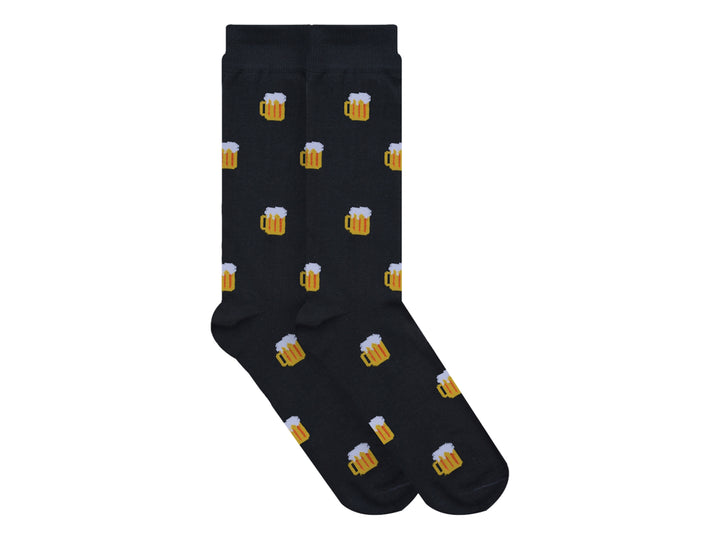 Par de calcetines negros con estampado de tarros de cerveza amarillos con espuma blanca.