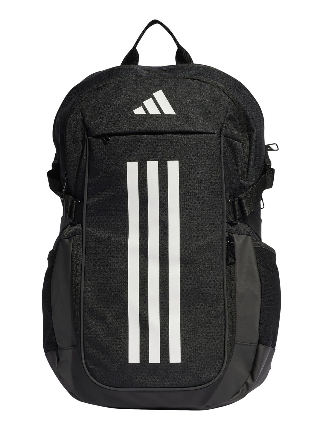 Mochila Adidas color negro con tres franjas blancas verticales y logotipo blanco en la parte superior.