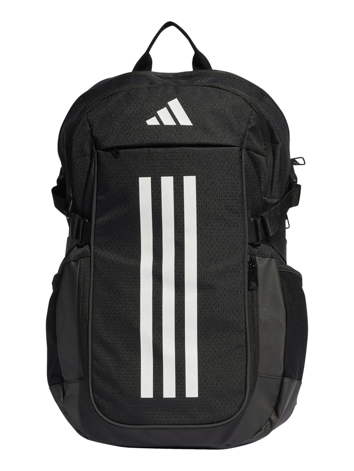 Mochila Adidas color negro con tres franjas blancas verticales y logotipo blanco en la parte superior.