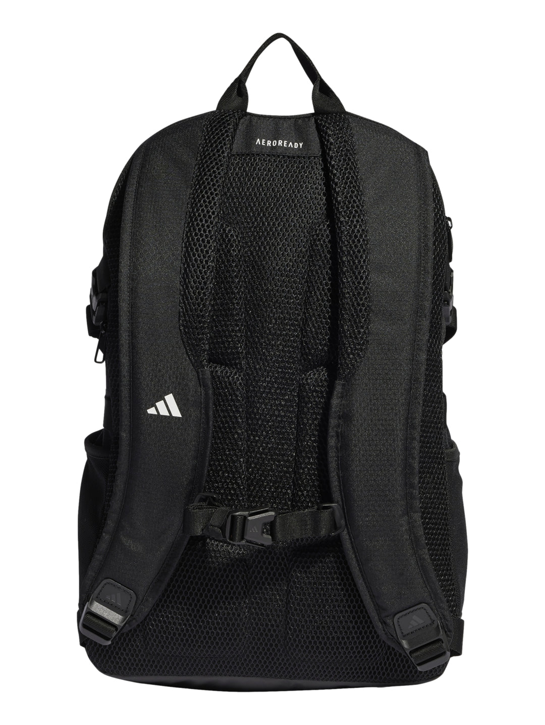 Mochila Adidas color negro con tres franjas blancas verticales y logotipo blanco en la parte superior.