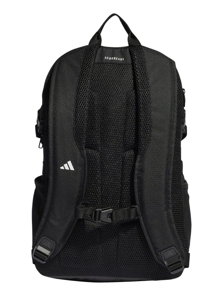 Mochila Adidas color negro con tres franjas blancas verticales y logotipo blanco en la parte superior.