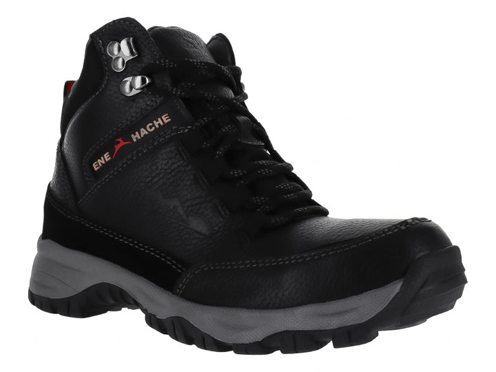Botín negro de cuero con suela gris y cordones, marca ENE HACHE.