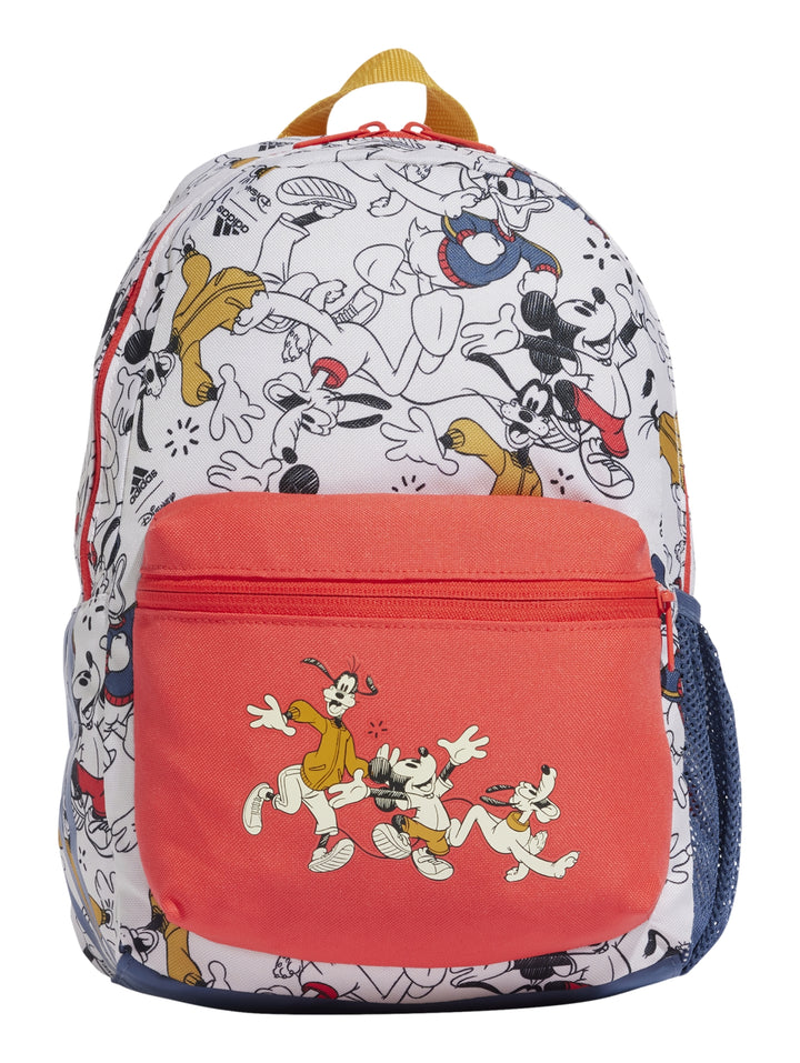 Mochila Adidas blanca con estampado de personajes de Disney y bolsillo frontal rojo.