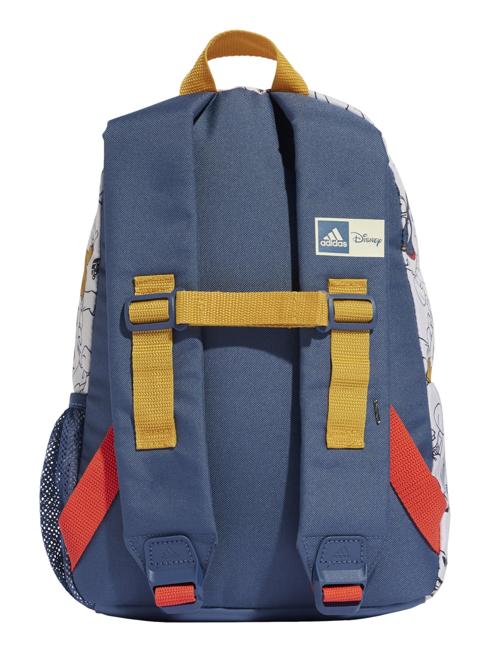 Mochila Adidas blanca con estampado de personajes de Disney y bolsillo frontal rojo.