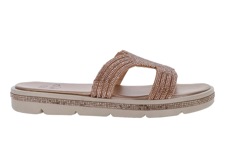 Sandalias color oro rosado con detalles brillantes en las tiras y el borde de la suela.