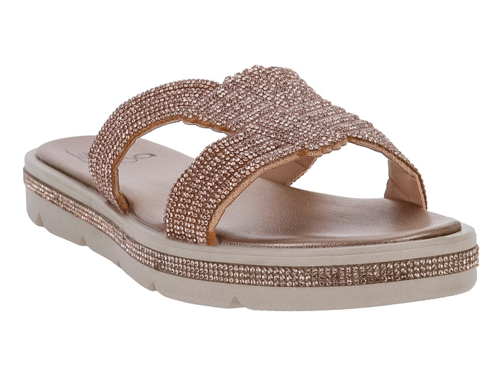 Sandalias color oro rosado con detalles brillantes en las tiras y el borde de la suela.