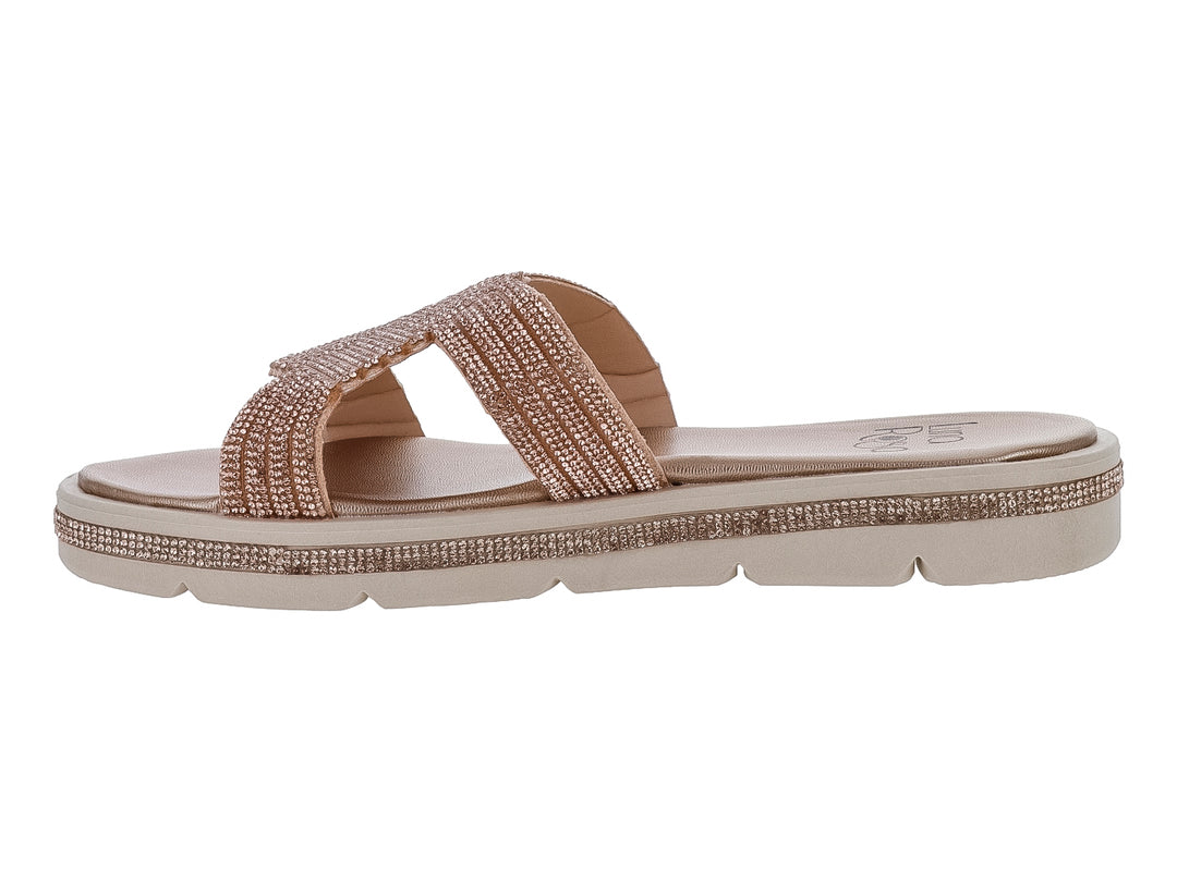 Sandalias color oro rosado con detalles brillantes en las tiras y el borde de la suela.