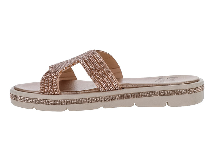 Sandalias color oro rosado con detalles brillantes en las tiras y el borde de la suela.