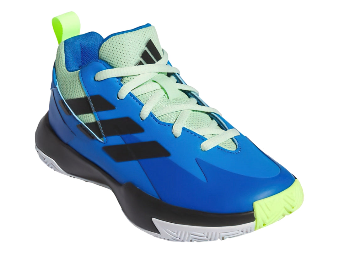 Tenis de baloncesto Adidas color azul con franjas negras y detalles en verde neón.