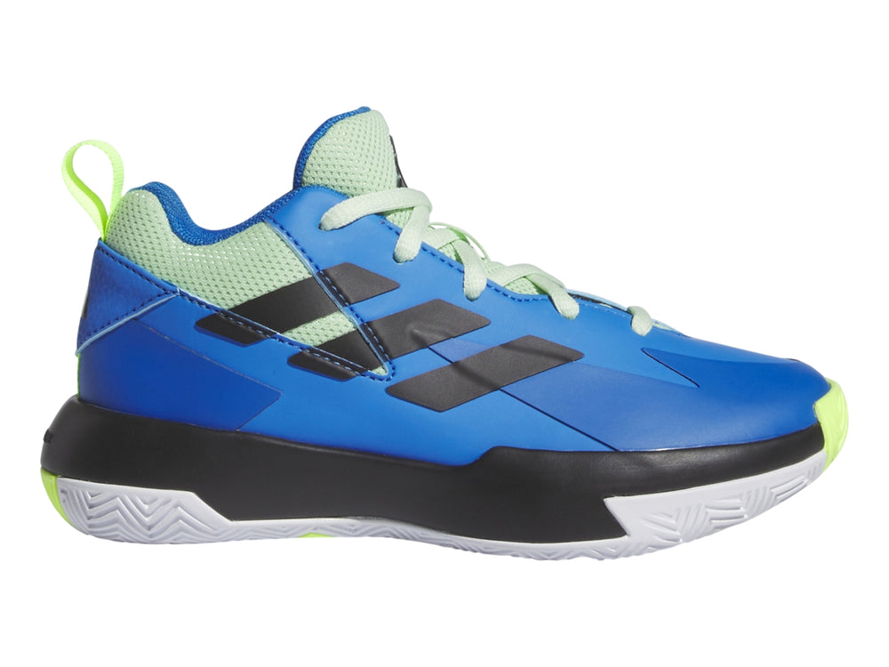 Tenis de baloncesto Adidas color azul con franjas negras y detalles en verde neón.