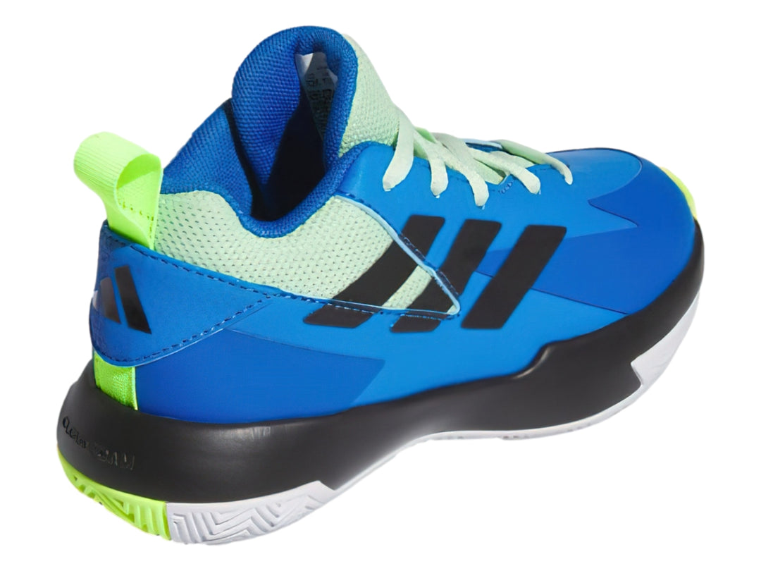 Tenis de baloncesto Adidas color azul con franjas negras y detalles en verde neón.