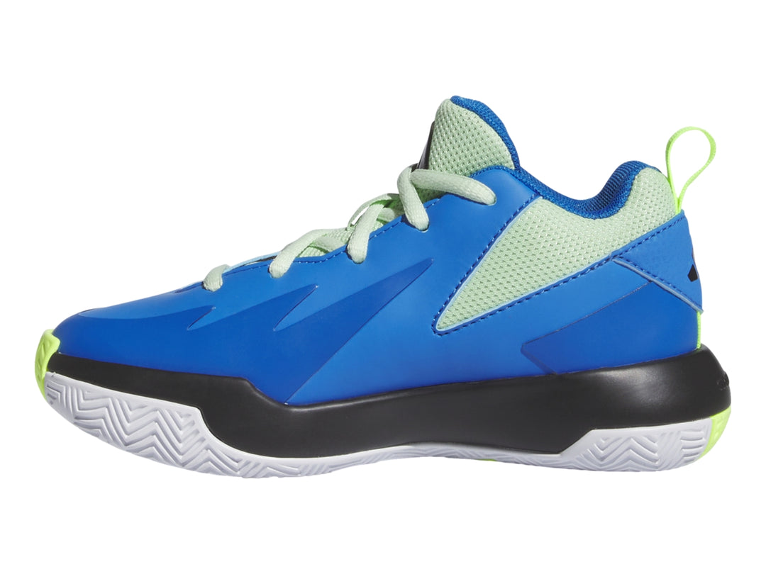 Tenis de baloncesto Adidas color azul con franjas negras y detalles en verde neón.