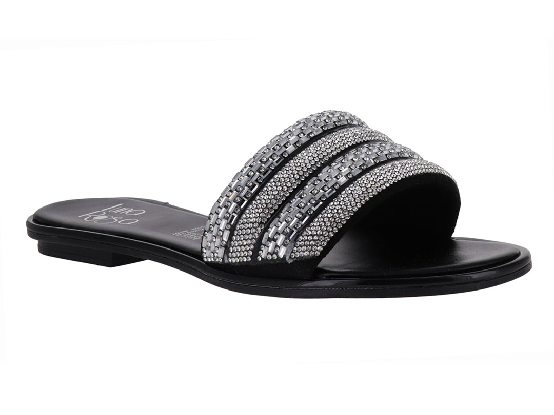 Sandalia plana color negro para mujer con tiras decoradas con pedrería brillante en color plateado.