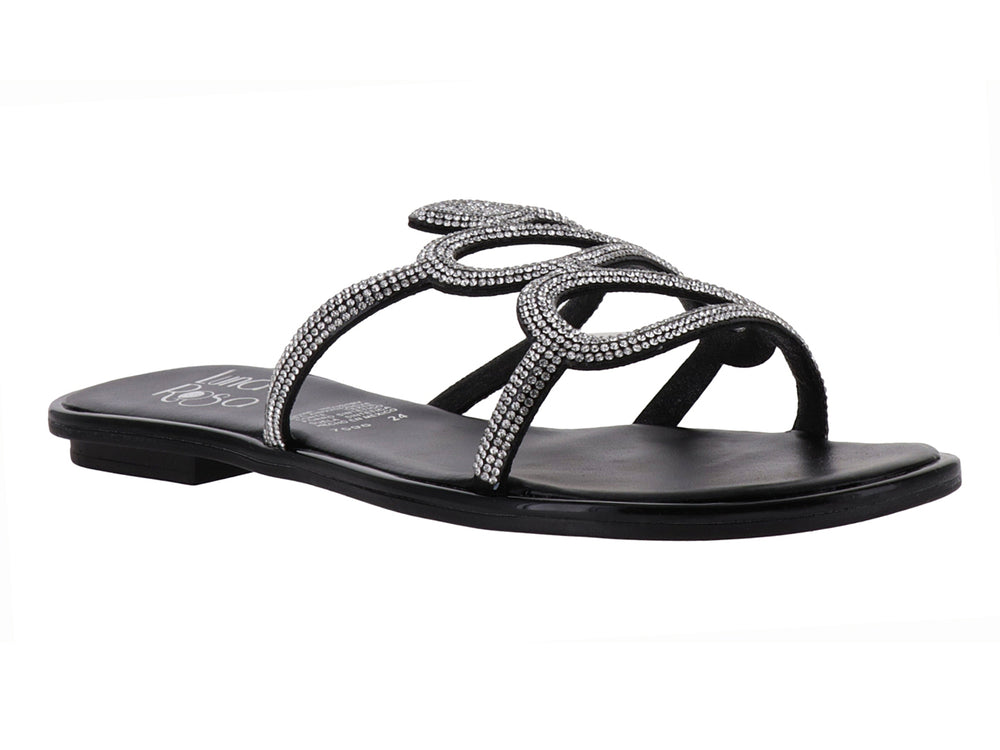 Sandalia plana color negro con tiras decoradas con brillantes plateados.