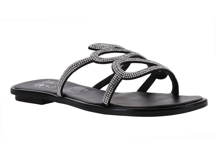 Sandalia plana color negro con tiras decoradas con brillantes plateados.