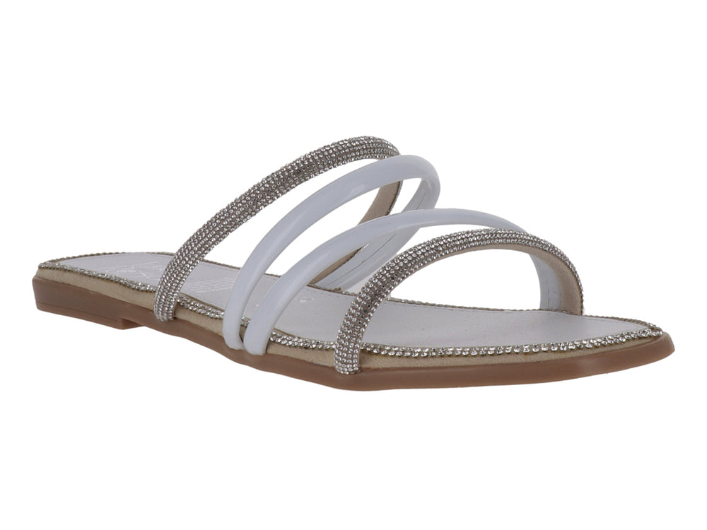 Sandalia plana para Niña en color blanco y plata con tiras brillantes decorativas.