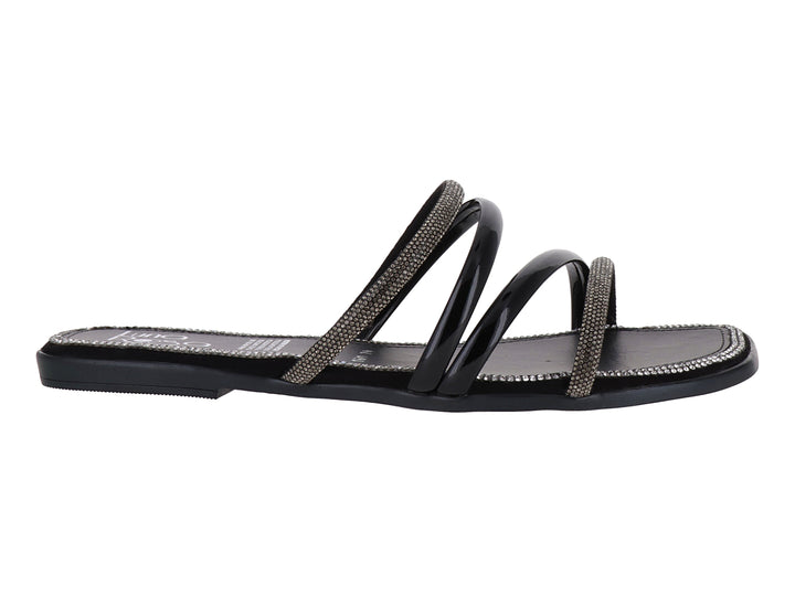 Sandalia plana color negro para mujer con tiras cruzadas decoradas con brillantes dorados.