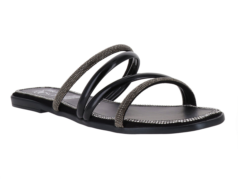 Sandalia plana color negro para mujer con tiras cruzadas decoradas con brillantes dorados.