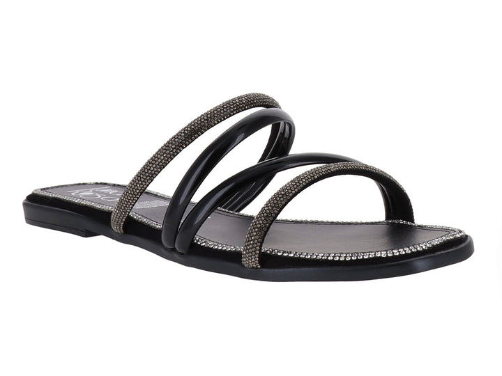 Sandalia plana color negro para mujer con tiras cruzadas decoradas con brillantes dorados.