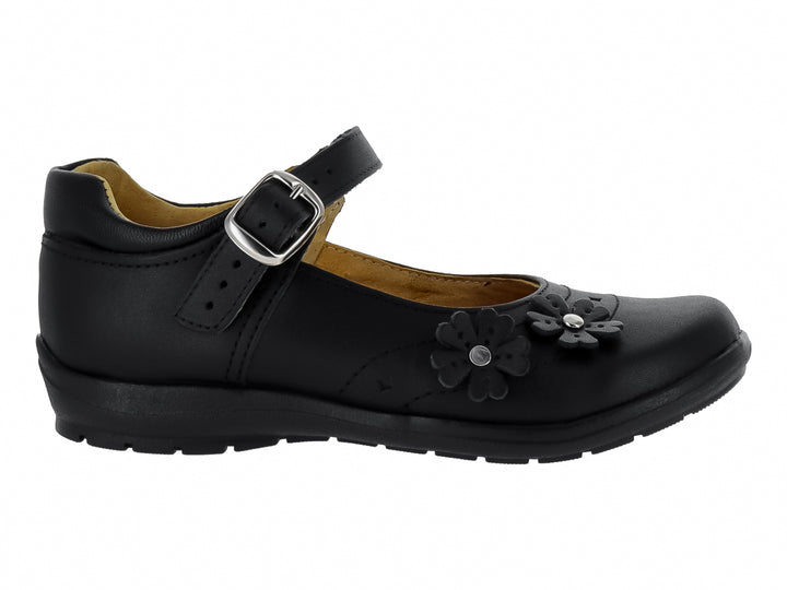 Zapato infantil negro de piel estilo Mary Jane con correa, hebilla plateada y adornos de flores en la punta.