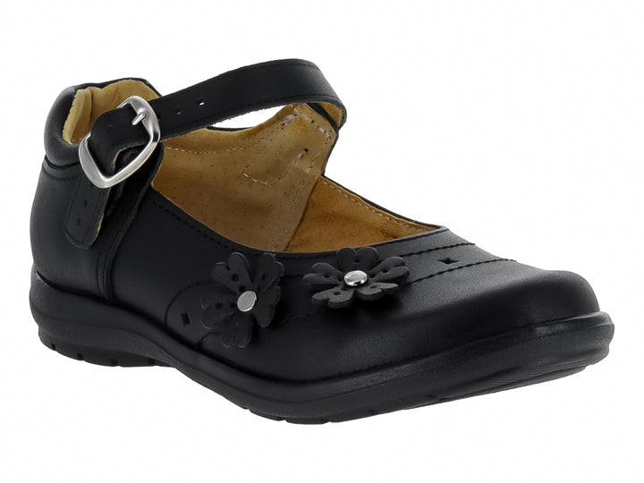 Zapato infantil negro de piel estilo Mary Jane con correa, hebilla plateada y adornos de flores en la punta.